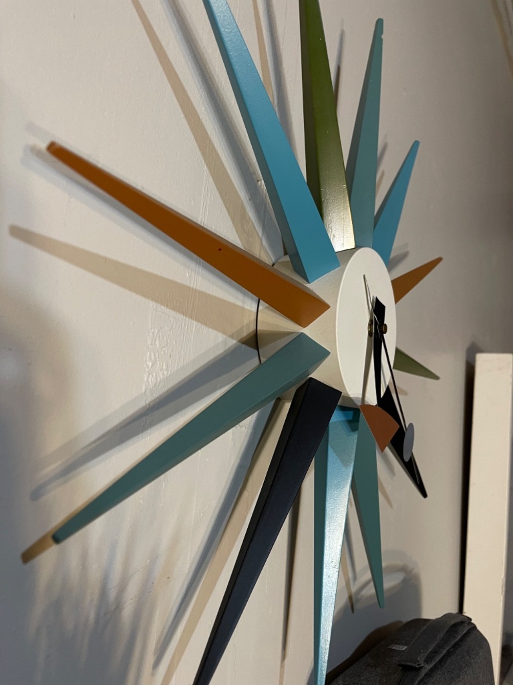 Mid-Century Starburst Wall Clock in Teal, Olive, Mustard & Black - Picture 3 of 4